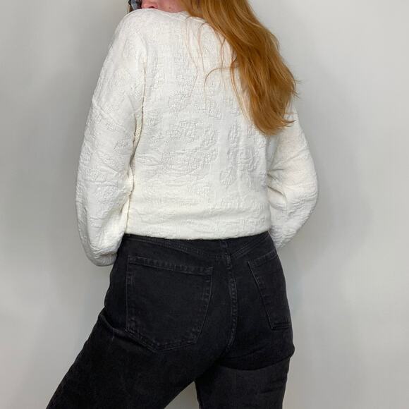 Vintage 80s Spunky Oversized 0X Ivory Floral Embroidered Mockneck Sweater - Picture 8 of 10